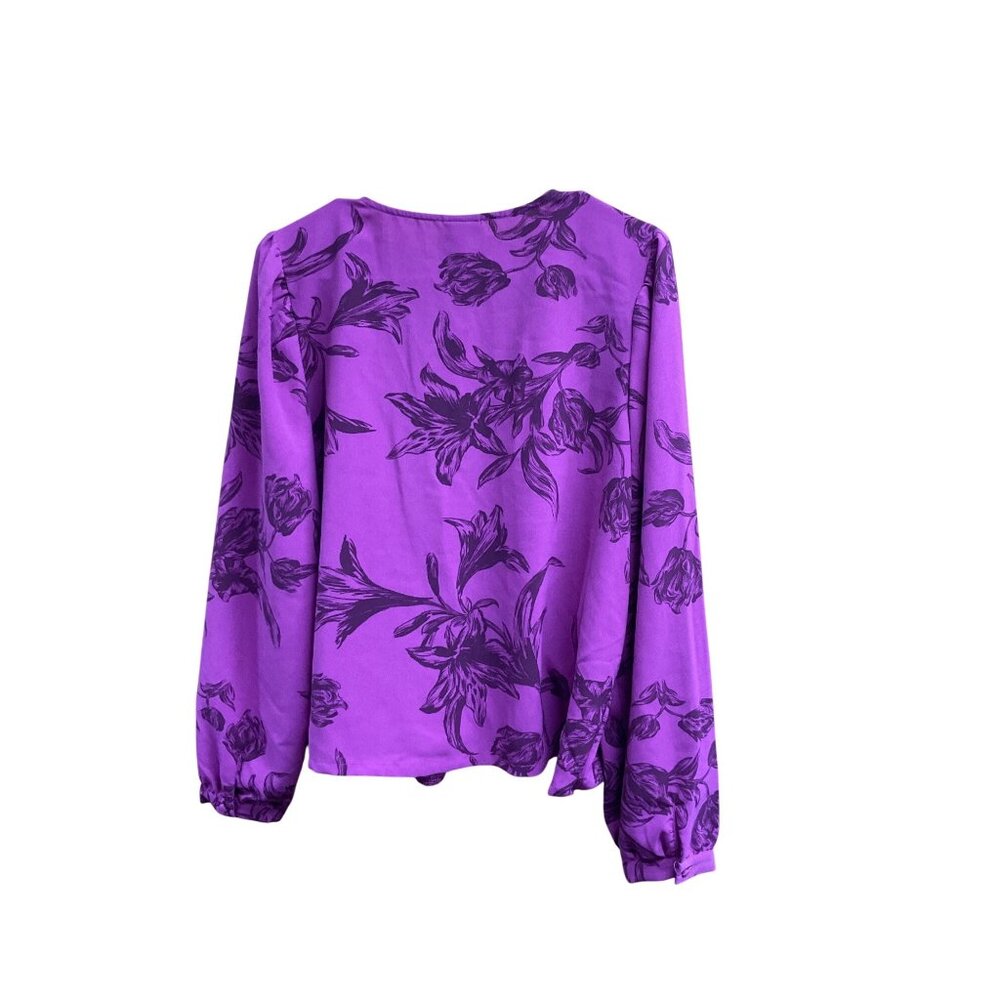 Floral V-Neck Wrap Blouse Long Sleeve Purple Black Lightweight A New Day Size L - Picture 5 of 8